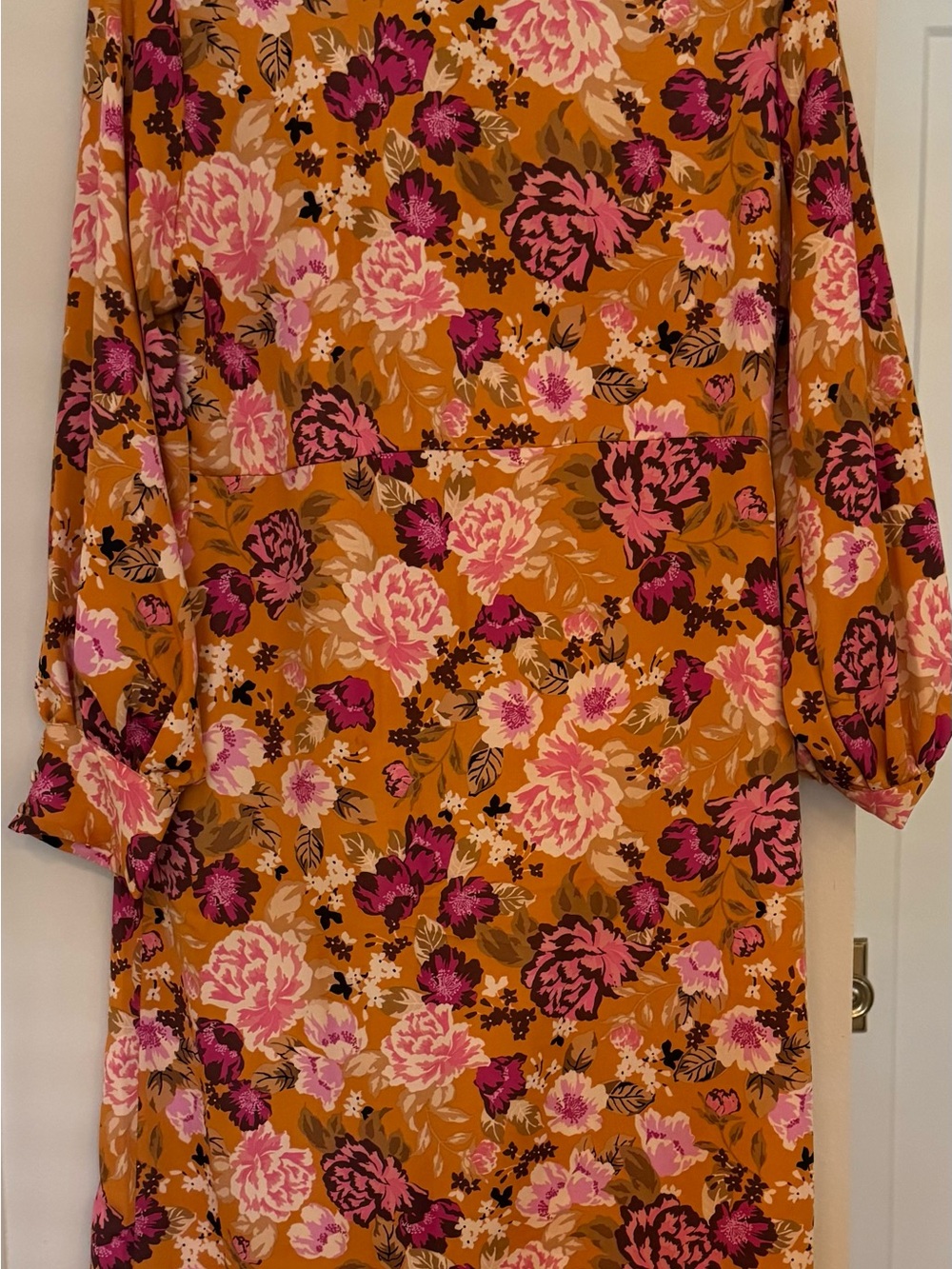 Who What Wear Mustard Floral Midi Dress with Pink & Magenta Blooms